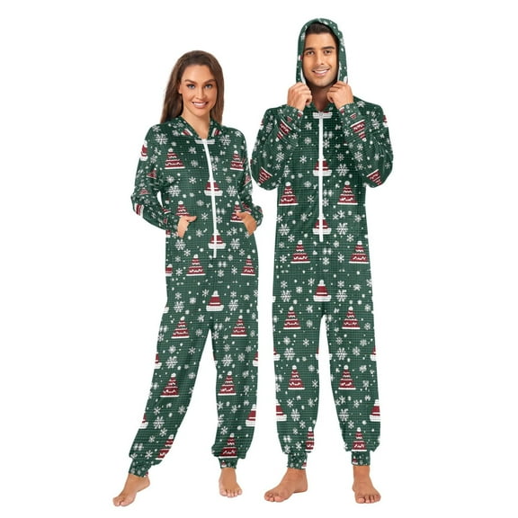 FORMRS Onesies Pajama for Adults Unisex Hoodie Winter Jumpsuit One Piece Sleepwear, Sizes S-2XL, Red Christmas Trees