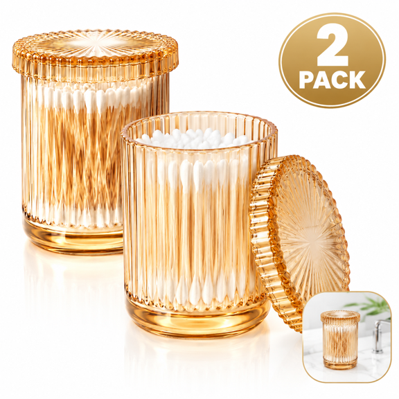 2 Pack Amber Glass Qtip Holder Dispenser, Bathroom Organizers and Storage, Cotton Swab Holder, Cotton Round Holder, Floss Pick Holder, Vanity Makeup Bathroom Jars for Cotton Balls, Pads