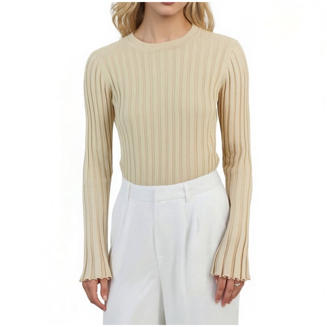 HAiming Womens Slim Fitted Sweater Long Sleeve Crew Neck Solid Color Blouse Fall Winter Basic Knit Tops
