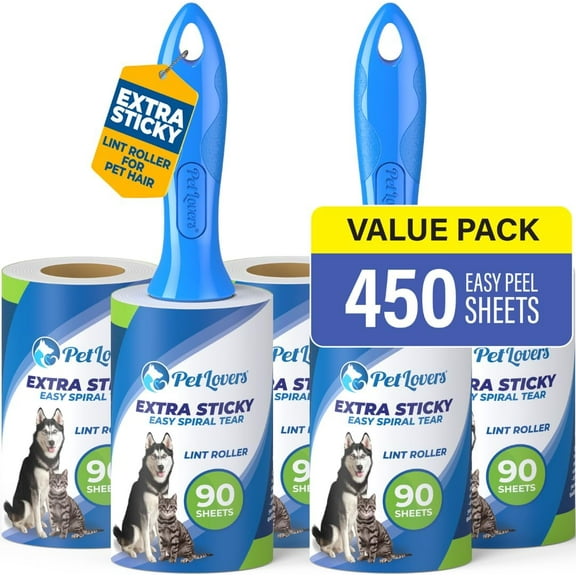 PetLovers Extra Sticky Lint Roller for Pet Hair – 450 Sheets (5 Pack) Dog & Cat Hair Remover