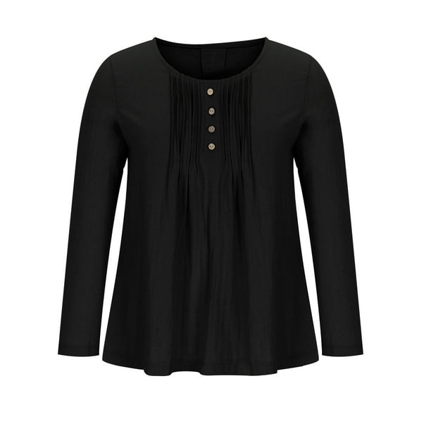 Timegard Cotton Linen Tops for Women Long Sleeve Scoop Neck Button