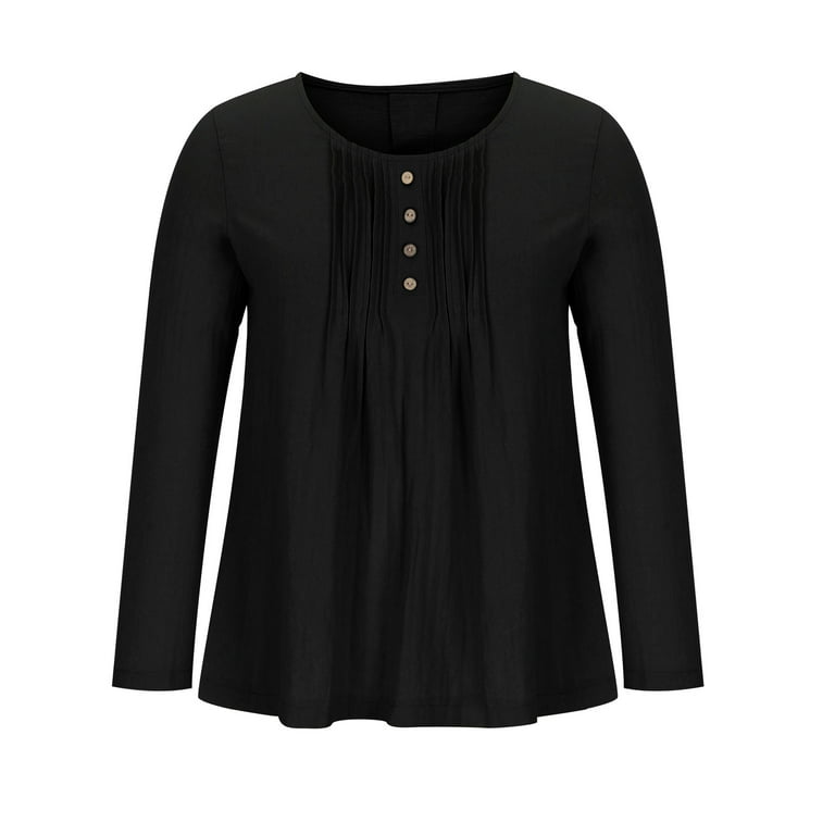 YOTAMI Ladies Tops and Blouses - Long Sleeve Plus Size Lighting Deals of  the Day Clearance Button Solid Color Crew Neck Winter Black Tops 