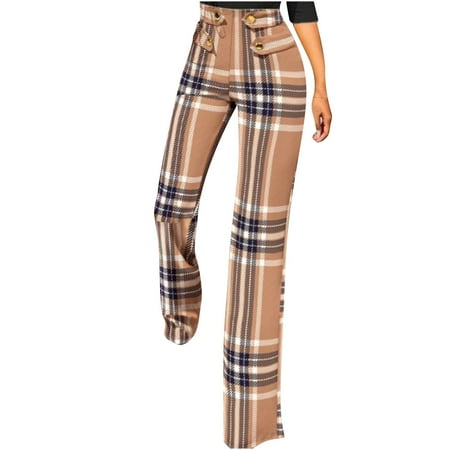 

Dadaria Wide Leg Pants for Women Plus Size Plaid Print Button Straight Slim Fit Suit Pants Brown XL Female