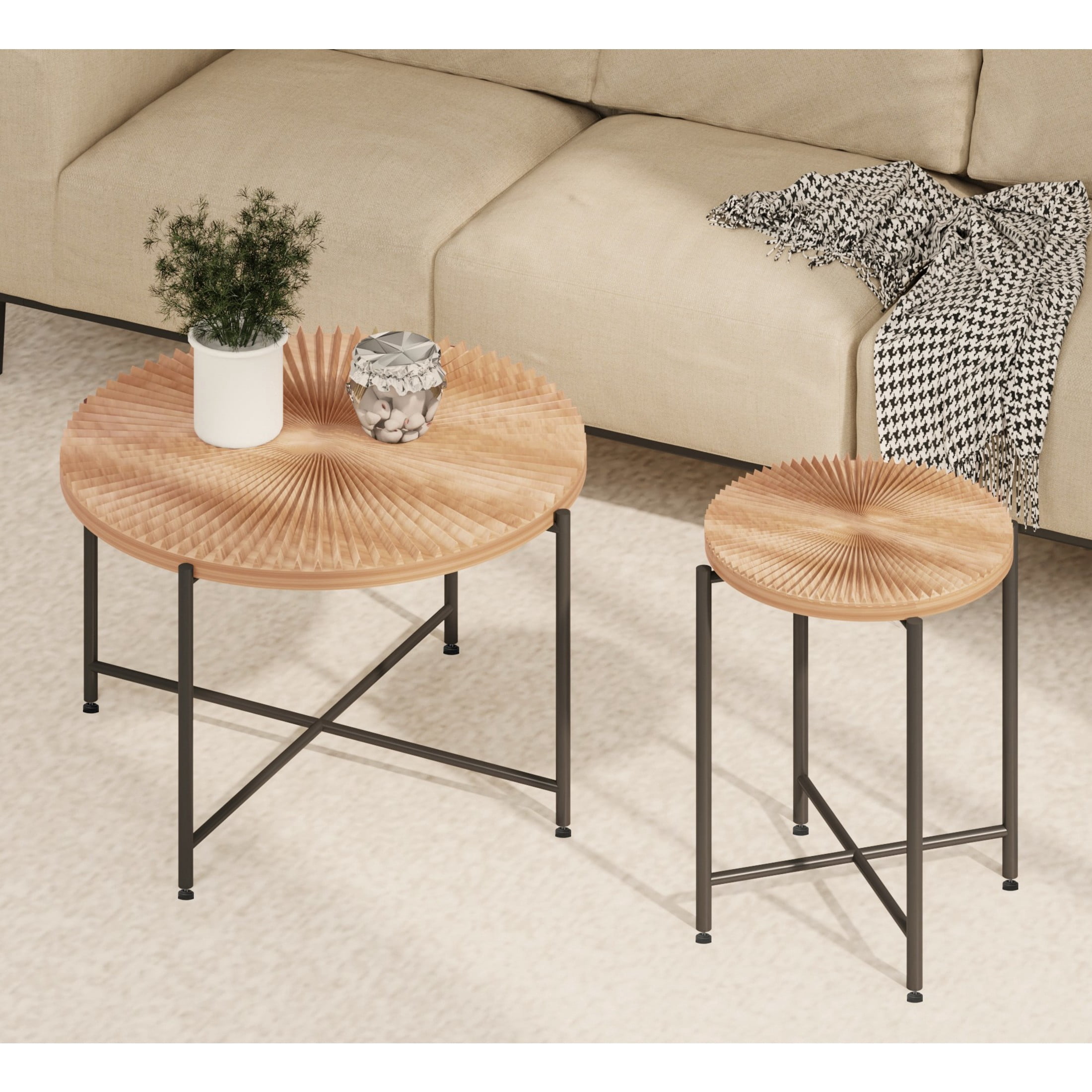 GDF Studio 2-Piece Rustic Coffee and End Table Set, Radial Pattern Tabletops, Black Metal Legs, Brown