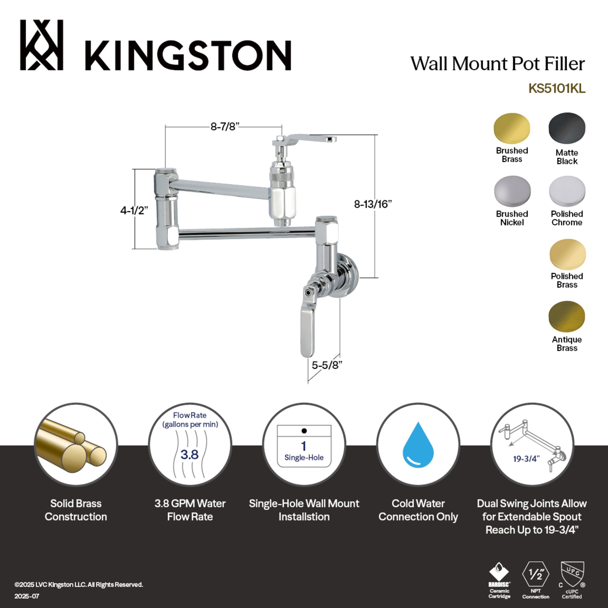 Kingston Brass KS5108KL Whitaker Two-Handle 1-Hole Wall Mount Pot Filler Faucet in Brushed Nickel