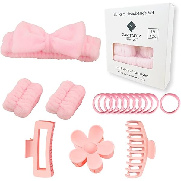 wonima44 16pcs Skincare Headband Set, Headband Set for Face Washing Spa and Makeup, Including 1 Hairband, Wristband, 3 Hair Claw Clips and 10 Hair Ties, with Box, Gift for Women and Girls, Pink