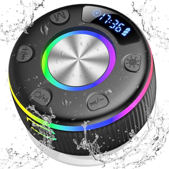 Bluetooth Shower Speaker, Portable Bluetooth 5.3 Speakers Wireless with Time Display, IP7 Waterproof Speakers with RGB Light, Suct Cup, Mini Stereo Speaker for Bathroom Party Travel Beach Outdoor