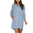thumbnail image 2 of Women's Long Sleeve Button Up Lapel V Neck Shirts High Low Hem Casual Loose Spring Trendy Solid Color Tops Blouses Light Blue,L, 2 of 6