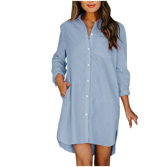 TAGOLD Womens Evening Dress,Summer Dress for Womens,Fall Fashion Women Casual Comfortable Solid Color Button Pocket Long Sleeve Turndown Collar Knee-High Dress