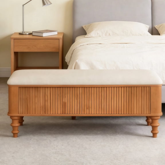 MDQMD 50" Medium Size Storage Bench End of Bed Wood with Fluted,Entryway Bench with Storage Natural,Linen Upholstered Benches for Bedroom,Hallway, Window Seat, and Front Porch