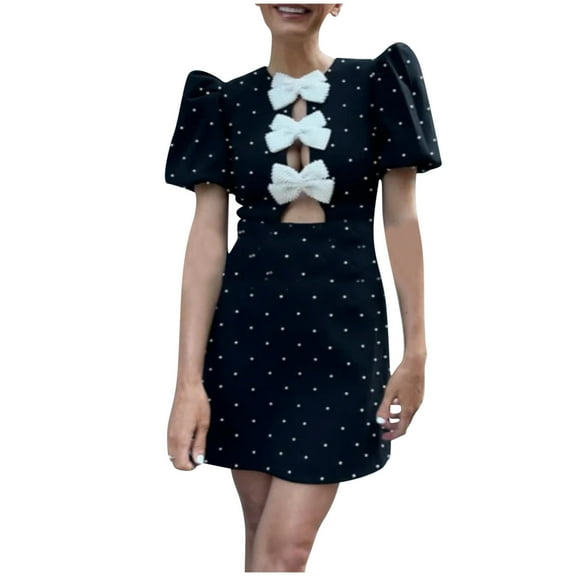 Oplxuo Elegant Business Mini Dresses for Women - Sexy Bow Cutout Front Puff Short Sleeve Cocktail Party Office Lady Dress