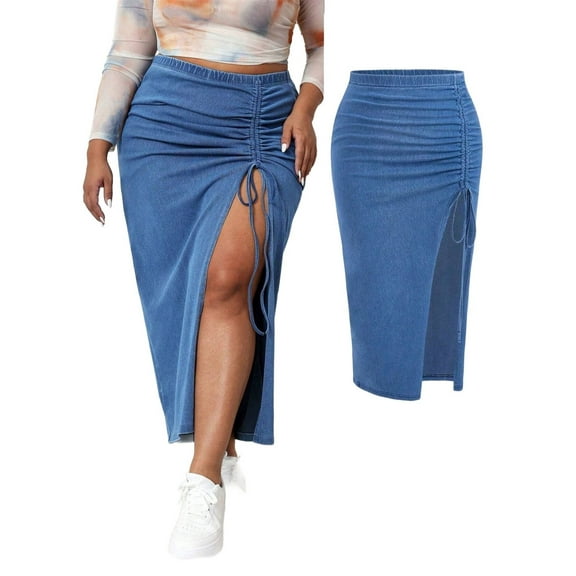 Women's Plus Size High Waisted Denim Skirts Side Split Drawstring Bodycon Long Skirt
