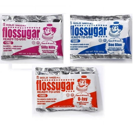 Cotton Candy Variety - Blue Raspberry, Orange, Pink Vanilla Cotton Candy Floss Sugar (8oz pouches) (3ct) (24 + servings)