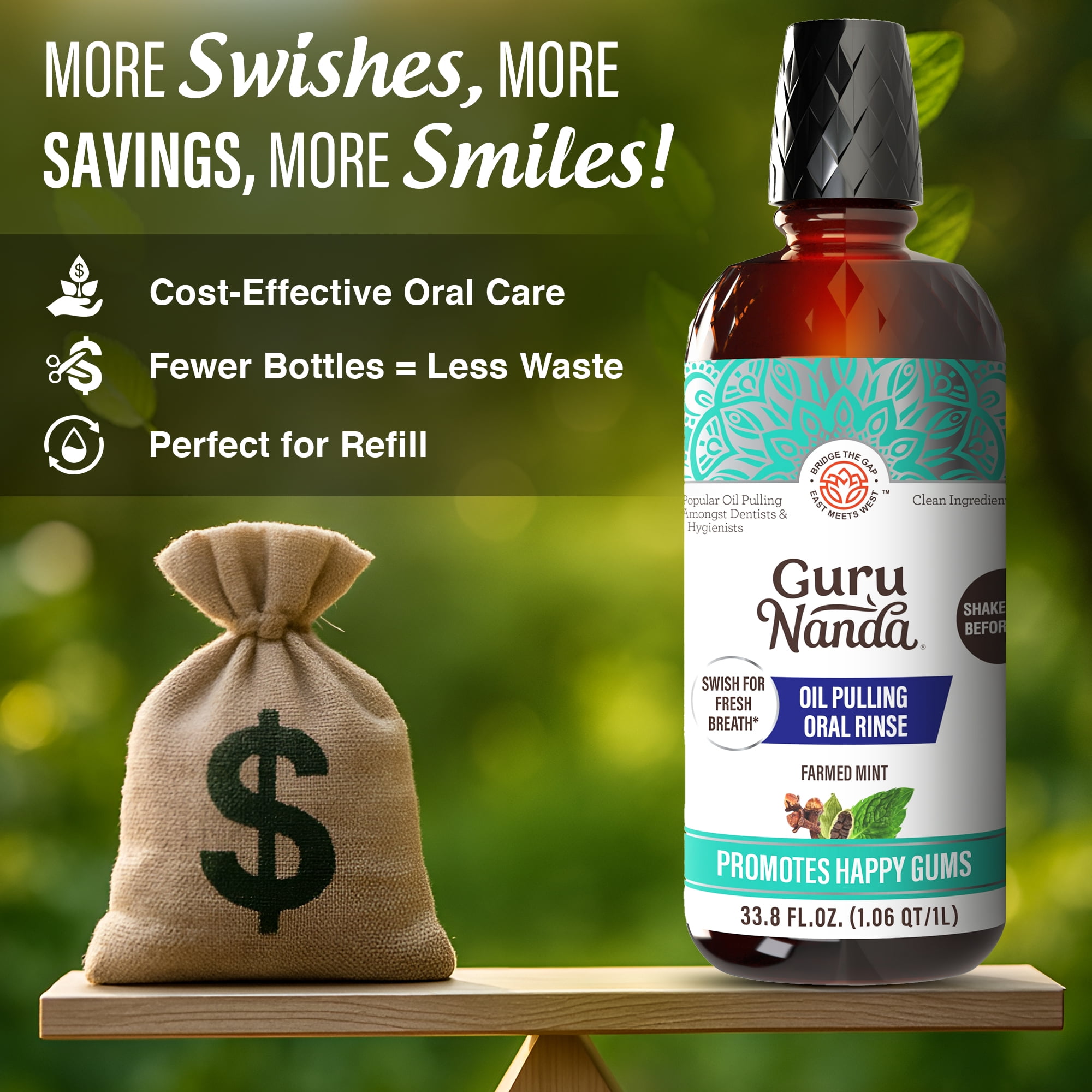 GuruNanda CocoMint Oil Pulling Natural Mouthwash with Essential Oils & Vitamins D3,E,K2 - 1L