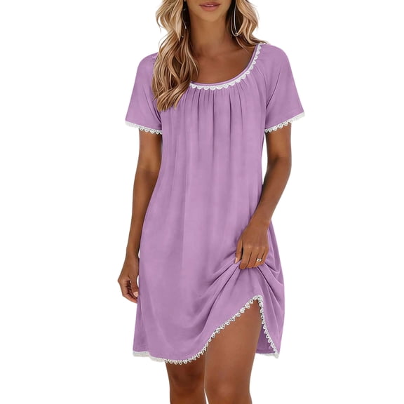 DeHolifer Cotton Nightgowns for Women Lace Sleep Shirts Short Sleeve Night Shirts Sleep Dress with Pockets Purple 2XL