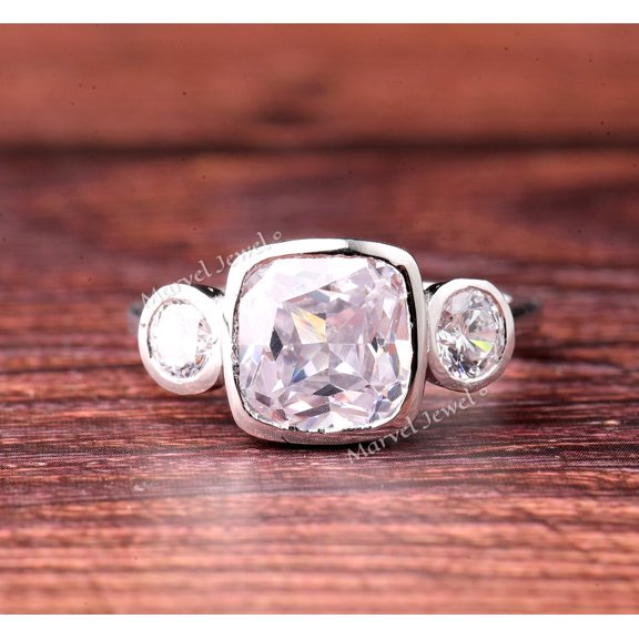 Three Stone Diamond Engagement Ring, Cushion Cut Diamond, Bezel Set Wedding Anniversary Ring For Her, 2.2 Ct Simulated Cushion Diamond, Promise Ring For Girlfriend, 925 Sterling Silver