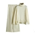 thumbnail image 2 of Jinhomg Women's 2 Piece Fall Outfits Soft Comfy Cotton Knit Sets Casual Solid Long Sleeve Turtleneck Tops with Elastic Waist Pants Summer Saving Beige Free Size, 2 of 5