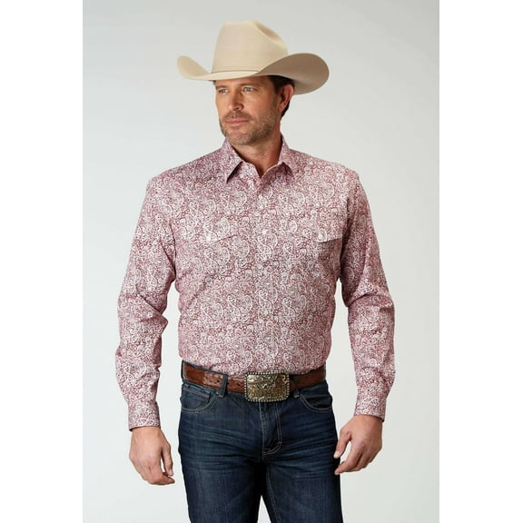 Roper Mens Long Sleeve Button Stretch Poplin Red Paisley Western Shirt