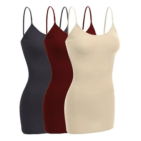 

Essential Basic Women Basic Built In Bra Spaghetti Strap Cami Top Tank - 3 Pk Burgundy Charcoal Khaki S