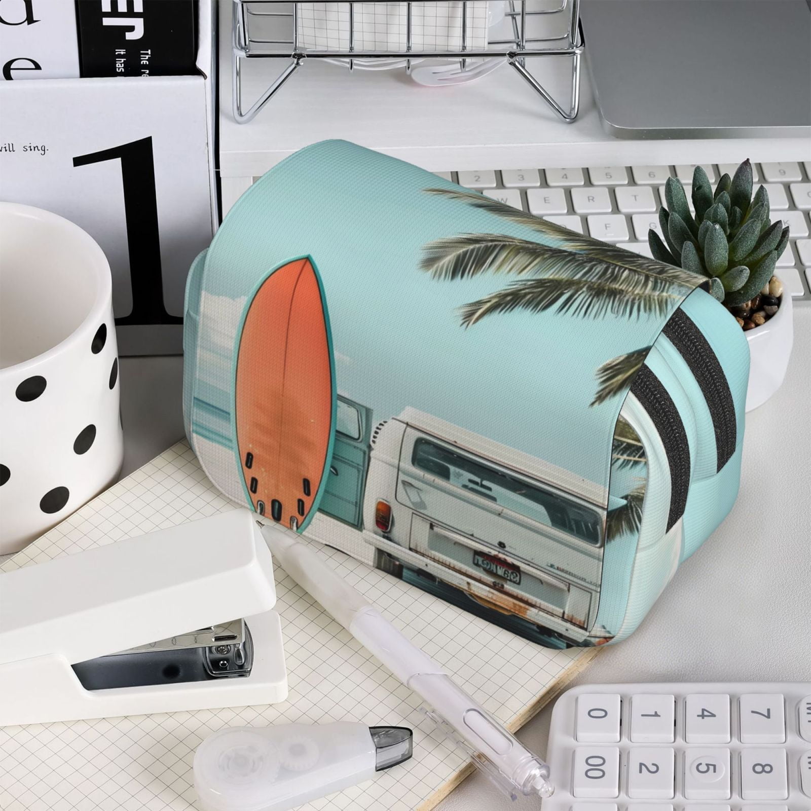 Rateoe Vintage Surf Van Beach Pattern Double Clamshell Pen Case, Storage Organizer with Two Zipper Compartments– Holds Up to 50 Pencils & Pens