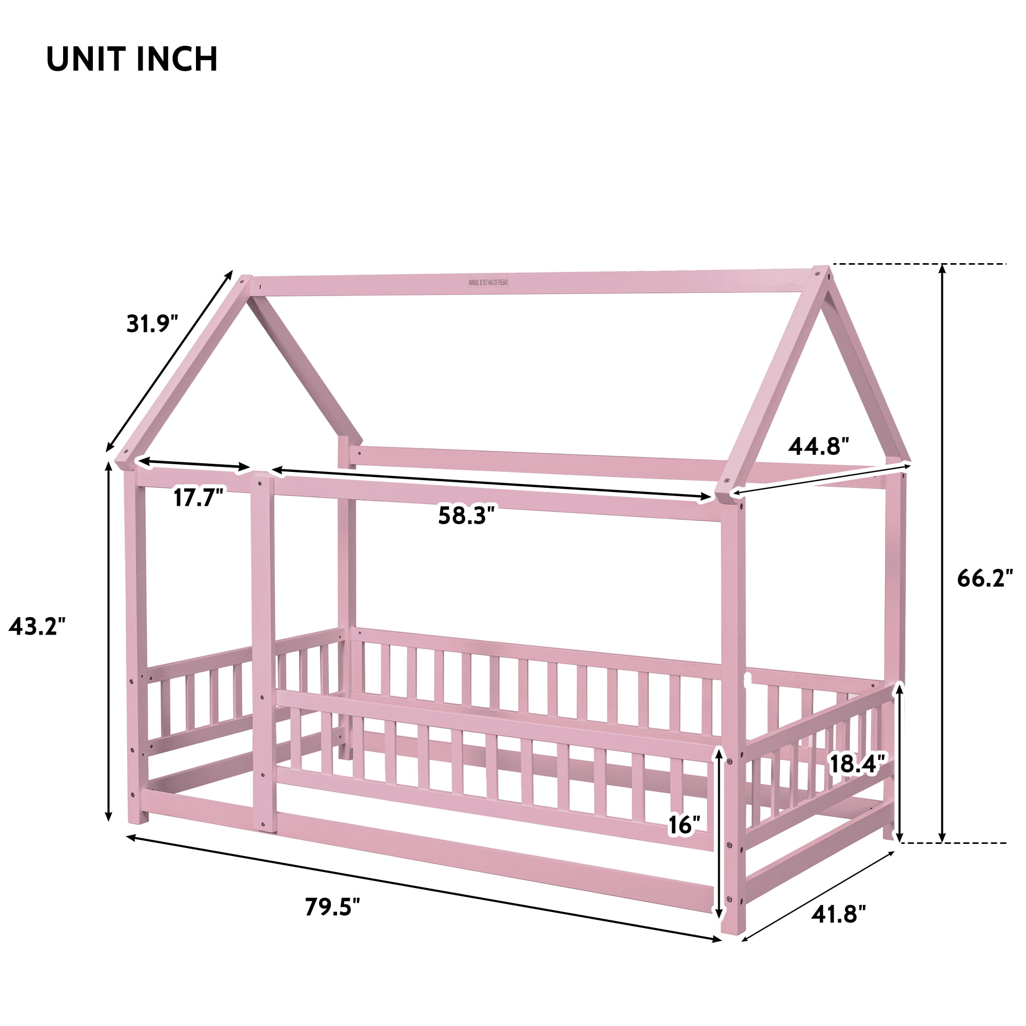 Miniyam Kids Twin Montessori House Floor Bed with Fence, Wood Roof Frame, Pink