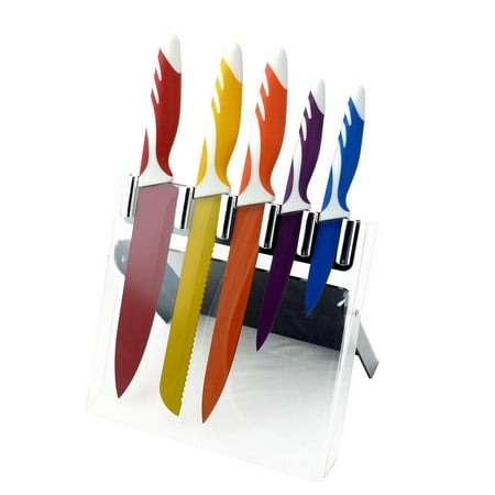 Lightahead® Lightahead Good Quality Colored Kitchen Knife Set 5 pcs Knives including Chef, Bread, Carving, Utility, Paring Knife on a (Best Quality Automatic Knives)