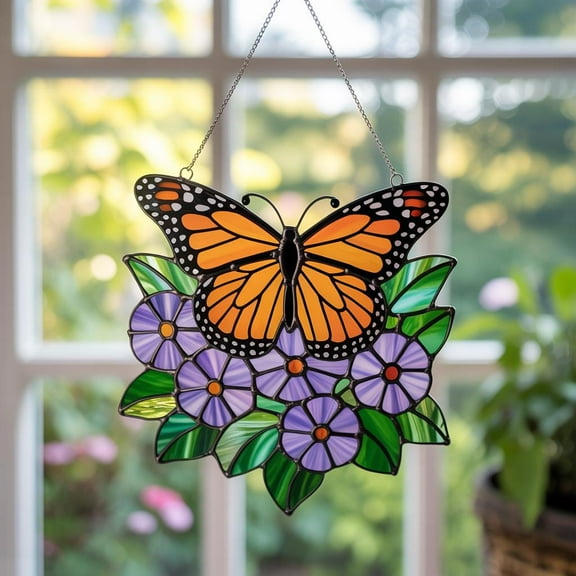 Monarch Butterfly Flower Suncatcher, Lavender Flowers Acrylic Window Hanging, Garden Boho Sun Catcher, Nature Lover Gift,Floral Window Charm