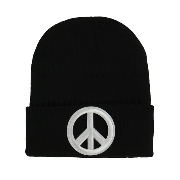 Gravity Threads White Peace Sign Cuffed Beanie - Black