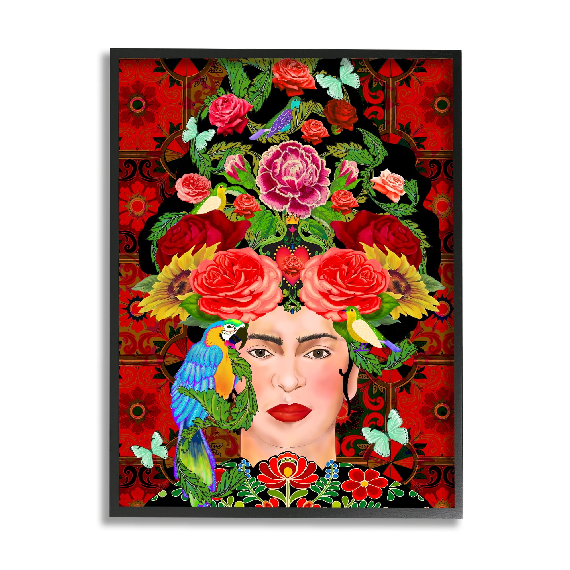 Stupell Industries Tropical Floral Pattern Female Portrait Bold Red Geometry Graphic Art Gray Framed Art Print Wall Art, 11x14, by Sangita Bachelet