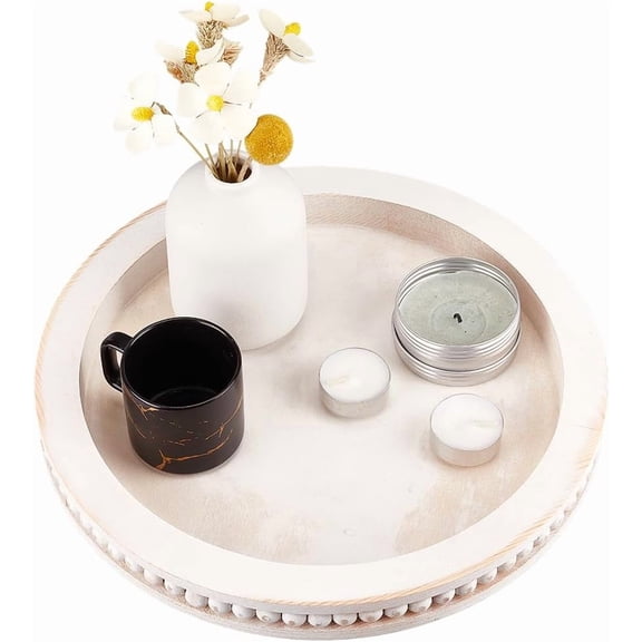 Decorative Coffee Table Tray White Beaded Round Serving Tray Wooden Storage Trays Circle Centerpiece Tray Decor Holder for Home Living Dining Room Kitchen Counter Bathroom White for diy making