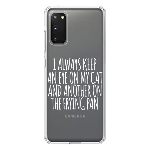 DistinctInk Clear Shockproof Hybrid Case for Galaxy S20 / S20 5G (6.2" Screen) - TPU Bumper Acrylic Back Tempered Glass Screen Protector - Always Keep Eye on Cat and on Frying Pan