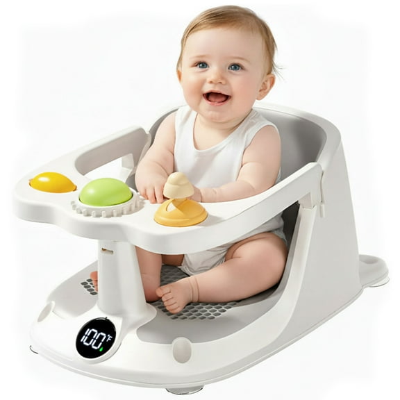 Oioane Baby Bath Seat for Babies 6 Months and Up, Baby Bathtub Seats with Thermometer, Soft Cushion, Non-Slip Design, Toy, Gray