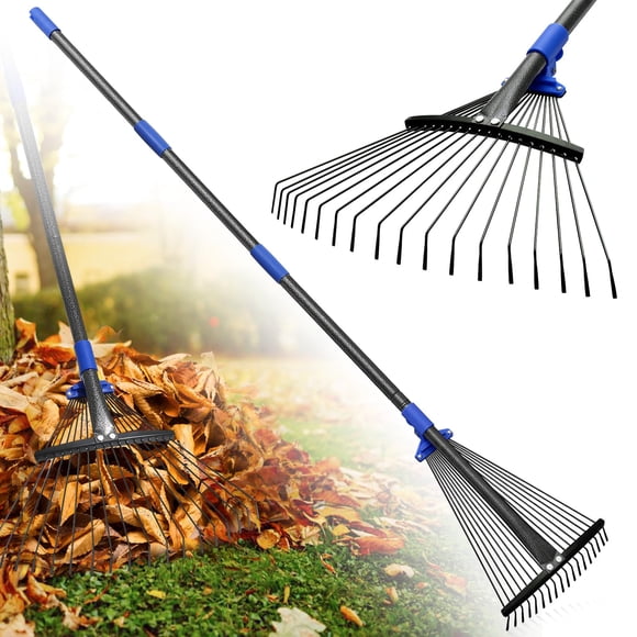 Garden Rake, 53" Long Adjustable Leaf Rake with Expandable Head from 9.5 to 17 inch,Collapsible Lawn Rakes with Adjustable Splicin