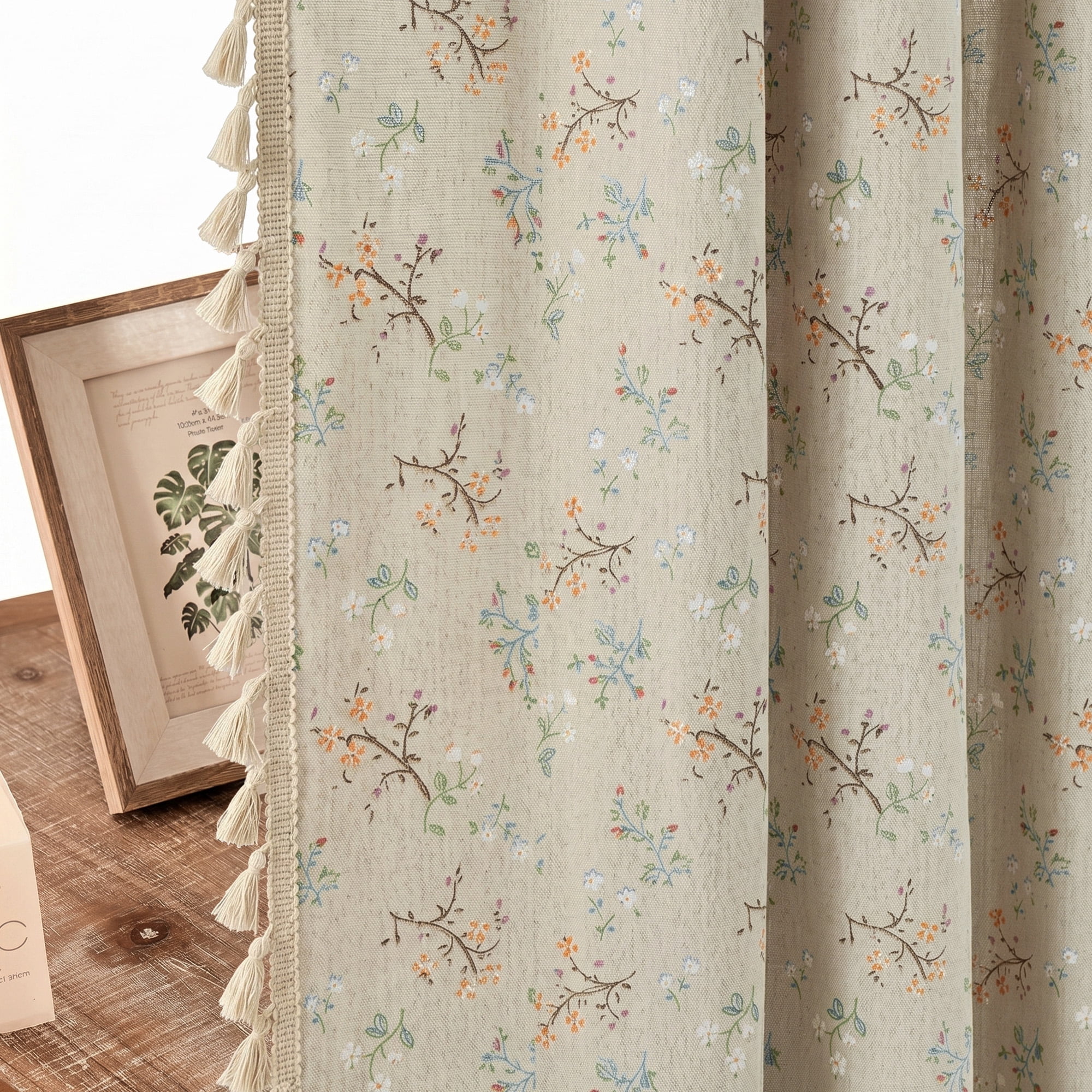 Seasonwood Floral Curtain,Semi-Blackout Linen Curtain for Living Room, 108 Inch Farmhouse Curtain,1 Panel,Beige,52" x 108"
