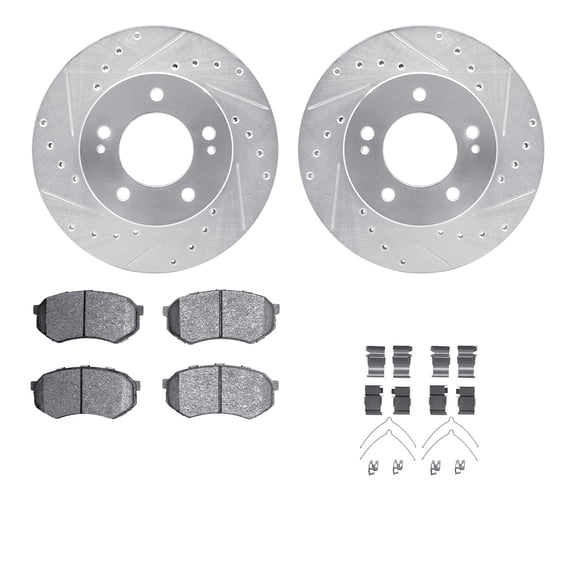 Dynamic Friction Company Front Brake Rotors-Drilled and Slotted-Silver with 5000 Advanced Brake Pads includes Hardware 7512-72008