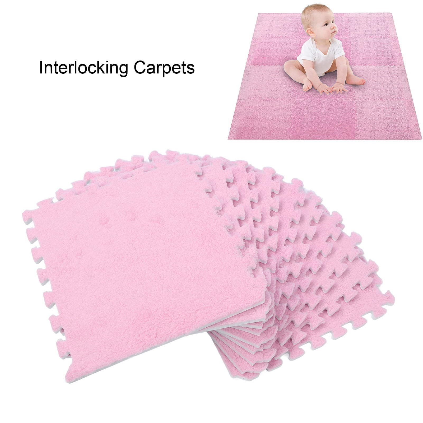 M Buder 10pcs Plush Foam Interlocking Floor Mats, Anti Slip Fluffy EVA Carpet Tiles For Bedroom Home Playroom Decor, Pink Interlocking Carpets (12.6 inches / 32 cm)