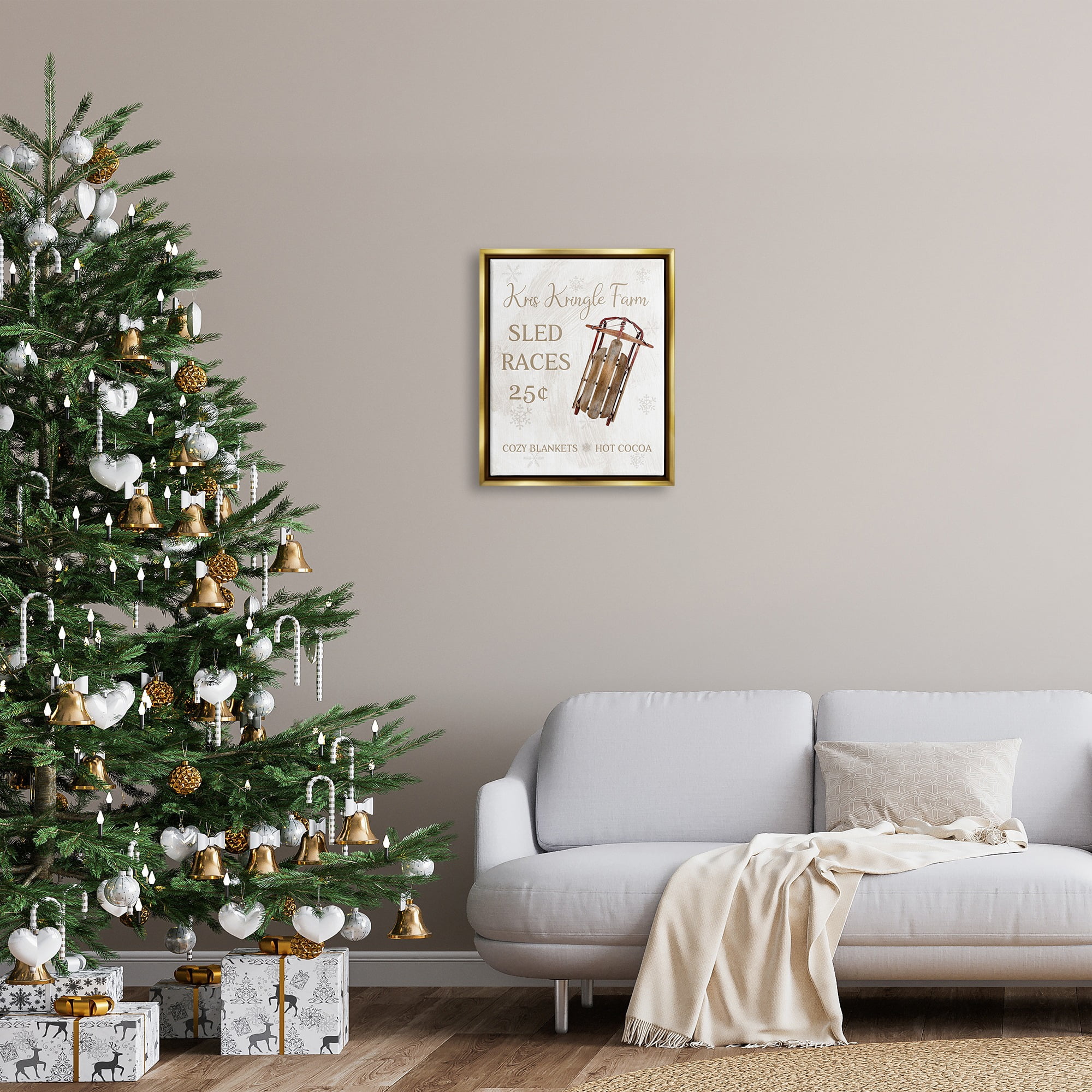 Stupell Industries Sled Races Holiday Sign Holiday Painting Gold Floater Framed Canvas Art Print Wall Art, 17 x 21
