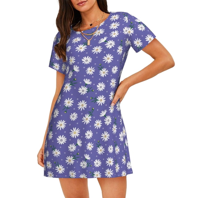Saiise Motif Marguerites Chemise de Nuit à Manches Courtes Col Rond Mignonne Robe de Nuit Confortable