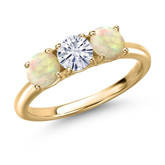Gem Stone King 10K Yellow Gold White Moissanite and White Ethiopian Opal Engagement Ring for Women | 1.10 Cttw | Round 5MM | Gemstone Birthstone | Size 5