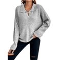thumbnail image 3 of Women'S Fall Lapel Collar V Neck Long Sleeve Knit Comfy Loose Casual Pullover Sweater Jumper Top Grey M, 3 of 9