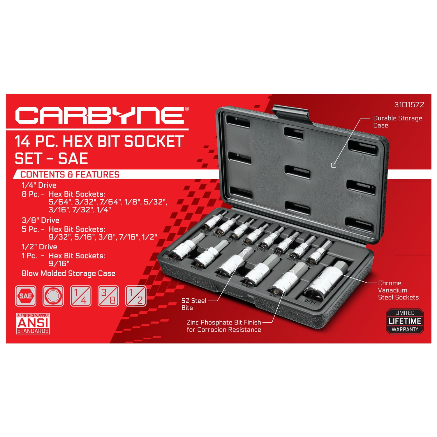 Carbyne 14-Piece SAE Hex (Allen) Bit Socket Set, 5/64 in. to 1/2 in., S2 Steel Bits, CrV Sockets, 1/4 in. 3/8 in. 1/2 in. Drive, Zinc Phosphate