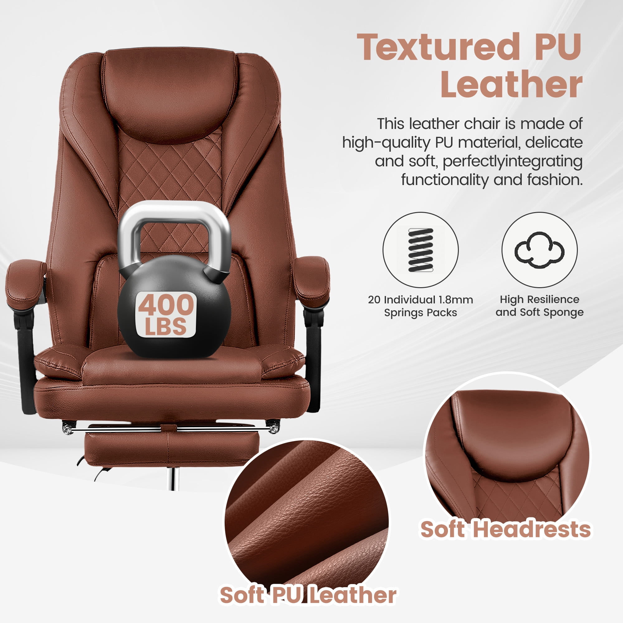 COOLHUT Executive Office Chair, Big and Tall Office Chair with Footrest Reclining Faux Leather Chair High Back Lumbar Support Ergonomic Office Chair with Padded Armrests, Brown
