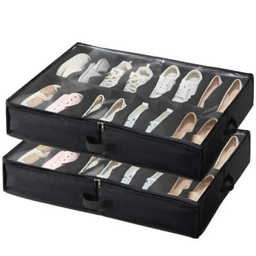 KFFKFF Shoe Storage Units for Under Bed, Pack of 2, Accommodates 32 Pairs, Underbed Footwear Storage System with Transparent Window, Airy, Collapsible Fabric Shoe Holder Box with Sturdy Handles