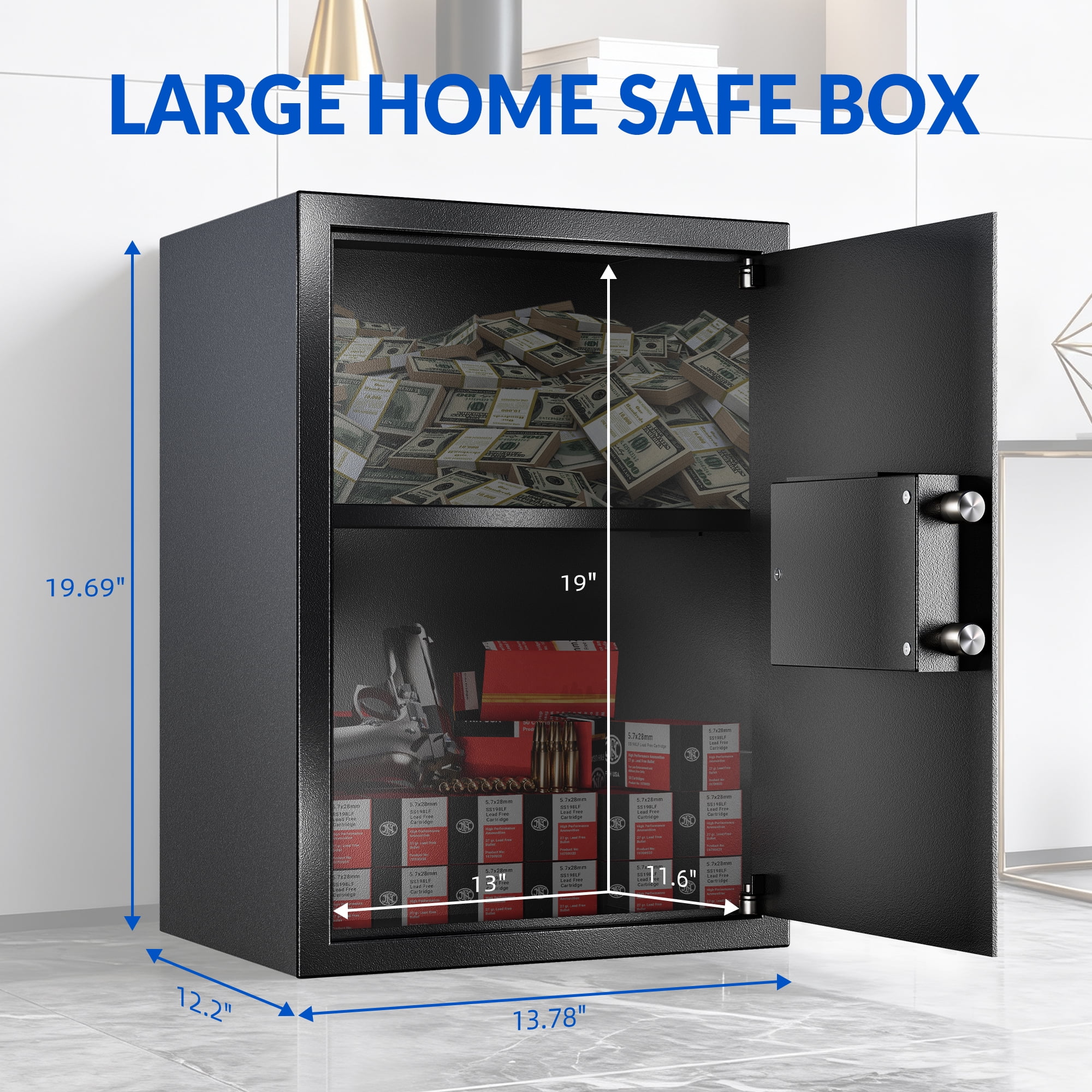 Elevon 1.9 Cu Ft Home Security Safe, Digital Lock Box for Cash, Jewelry, Files & Handguns, Ideal for Home, Office or Hotel Use