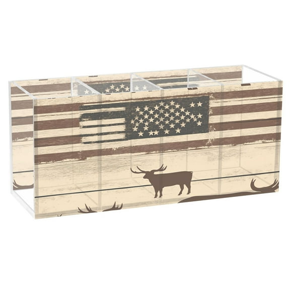 American Flag and Cow Acrylic Pencil Pen Holder Cup 4 Compartments Desktop Organiser 7.87"x2.78"x3.54"