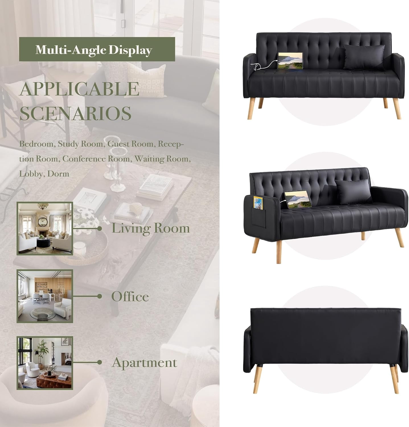 LAZZO 57" Loveseat Sofa, Faux Leather Tufted Couch with USB Ports and Side Pockets, Black