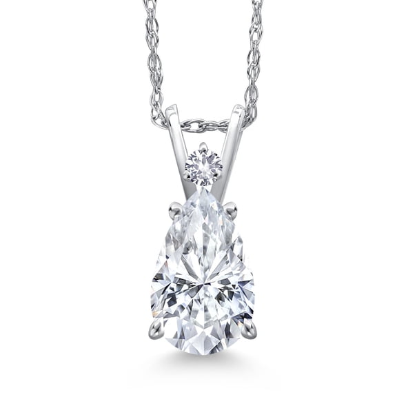 Gem Stone King 14K White Gold White Moissanite and White Created Sapphire Pendant Necklace for Women | 2.01 Cttw | Gemstone Birthstone | Pear Shape 10X7MM | With 18 inch Chain