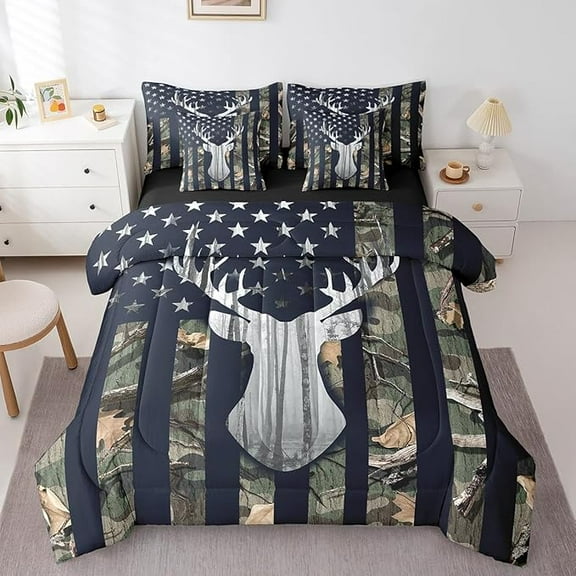 Camo American Flag Comforter Set 7 Piece Twin Size,Deer Antlers Army Green Camouflage Reversible Quilt Set,Western Farmhouse Animal Hunting Bedding Set with Comforter,Sheet,Pillowcase