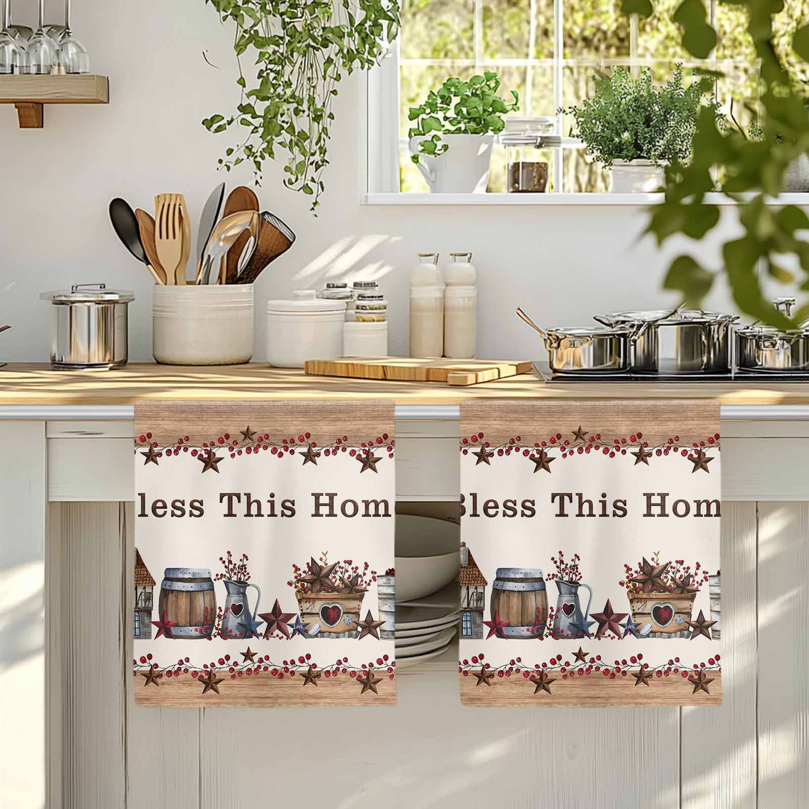 Dish Towels, Western Texas Star Wood Absorbent Kitchen Towels 2 PCS, Red Berry Farmhouse Barn Microfiber Hand Towels Dish Cloths Tea Towels for Home&nbsp;Bathroom Cleaning Drying,18X28-Inch,