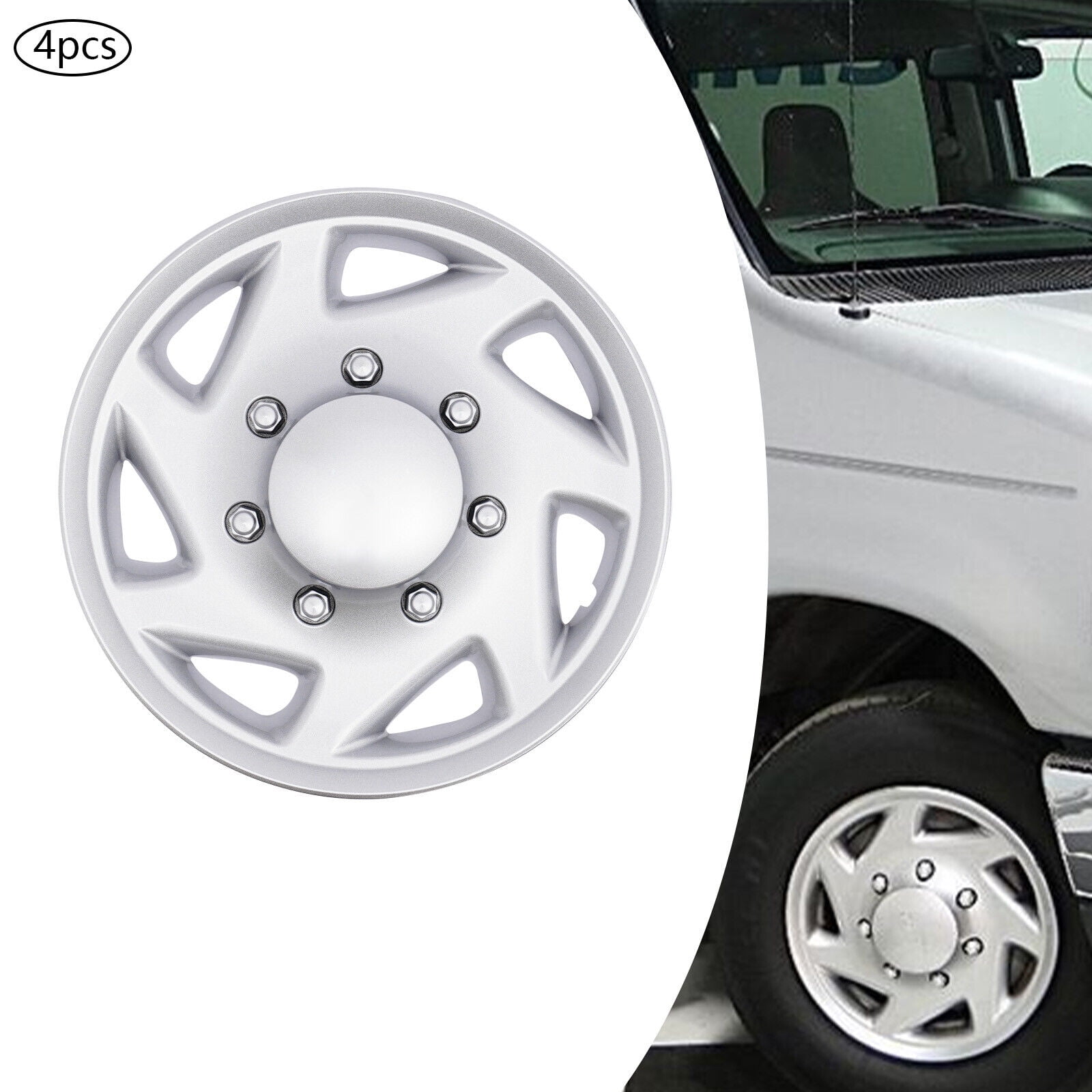 4-Pack Hub Caps for 99-18 Ford Econoline E250 E350 E450 8-Lug 16" Steel Wheels, ABS Material, Silver+Black, Direct Replacement